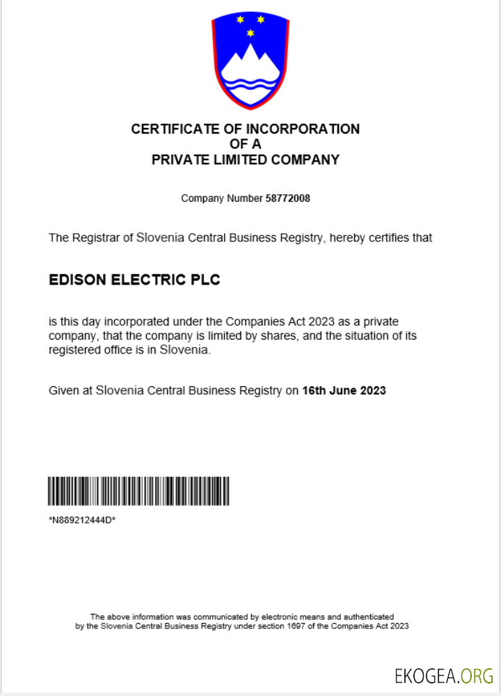 Modèle Word et PDF de certificat d'enregistrement d'entreprise en Slovénie